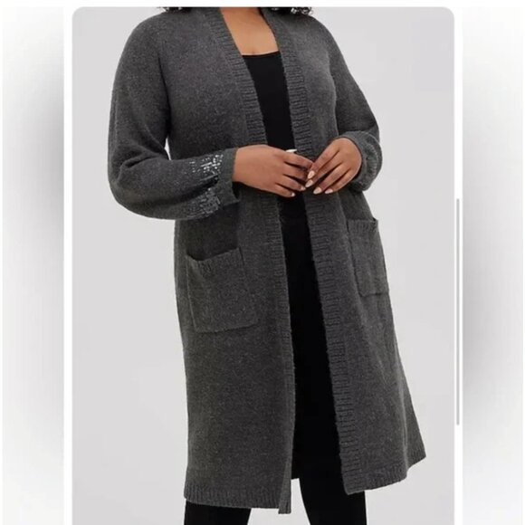 NWT TORRID Women's Long Sweater SZ 1X 14-16 Gray Sequins Knit Cardigan Duster - Picture 1 of 10